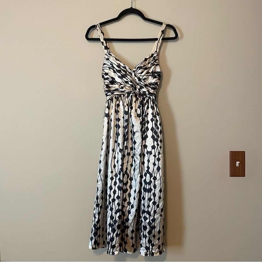 Zara Cream Black Satin Pleated A Line Dress